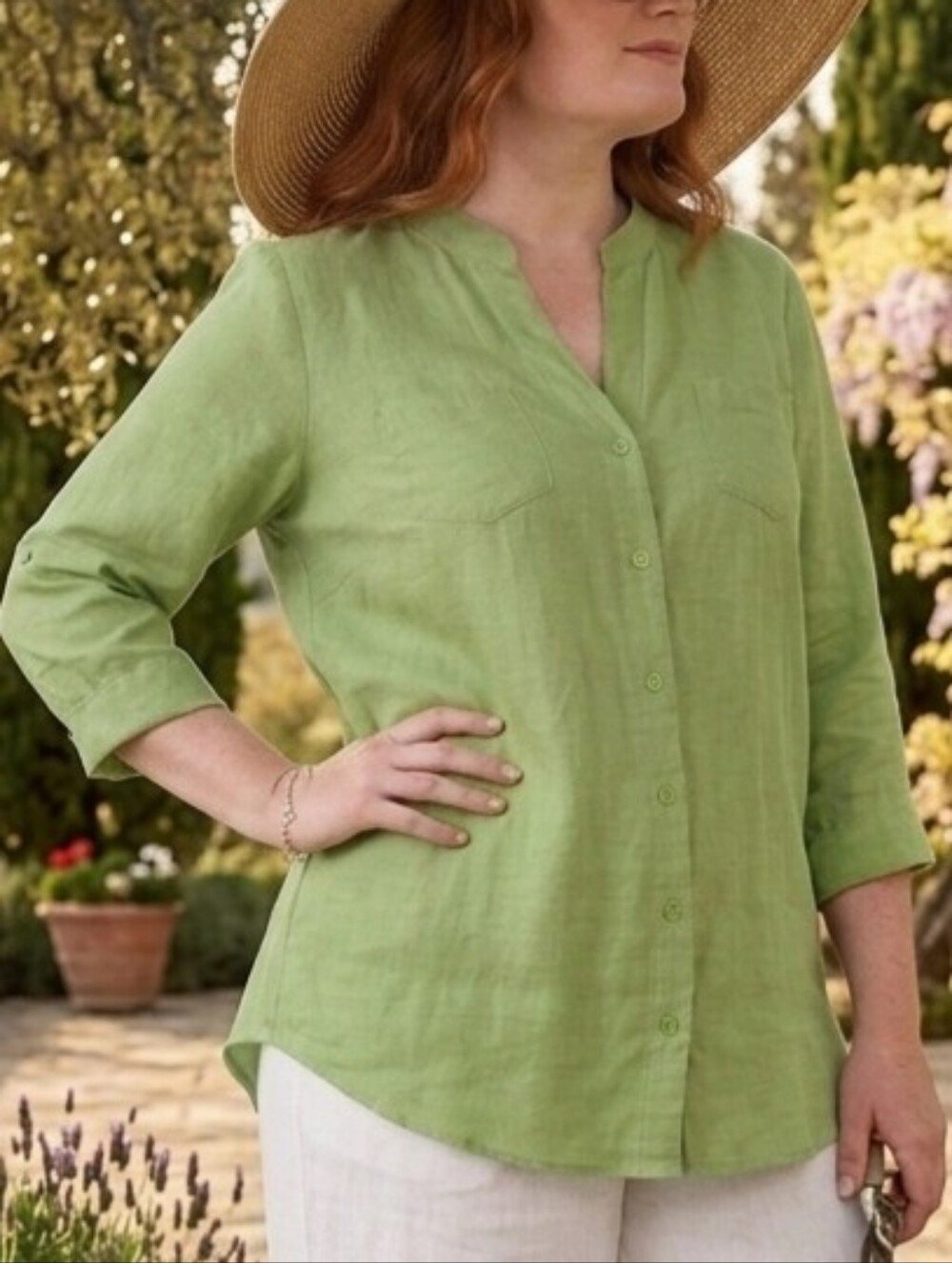 Light Sage Green 100% Linen Shirt Top Rolltab Sleeve European-Coastal in 3X